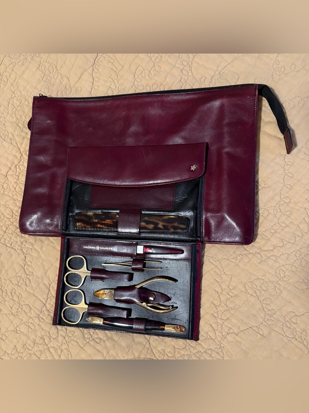 Men's Vintage Pfeil Ring Solingen Burgundy Leather Grooming Kit Case with Tools